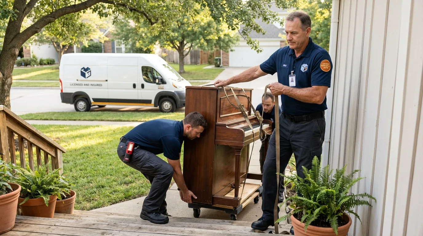 Licensed piano movers securing grand piano in Beggs, OK
