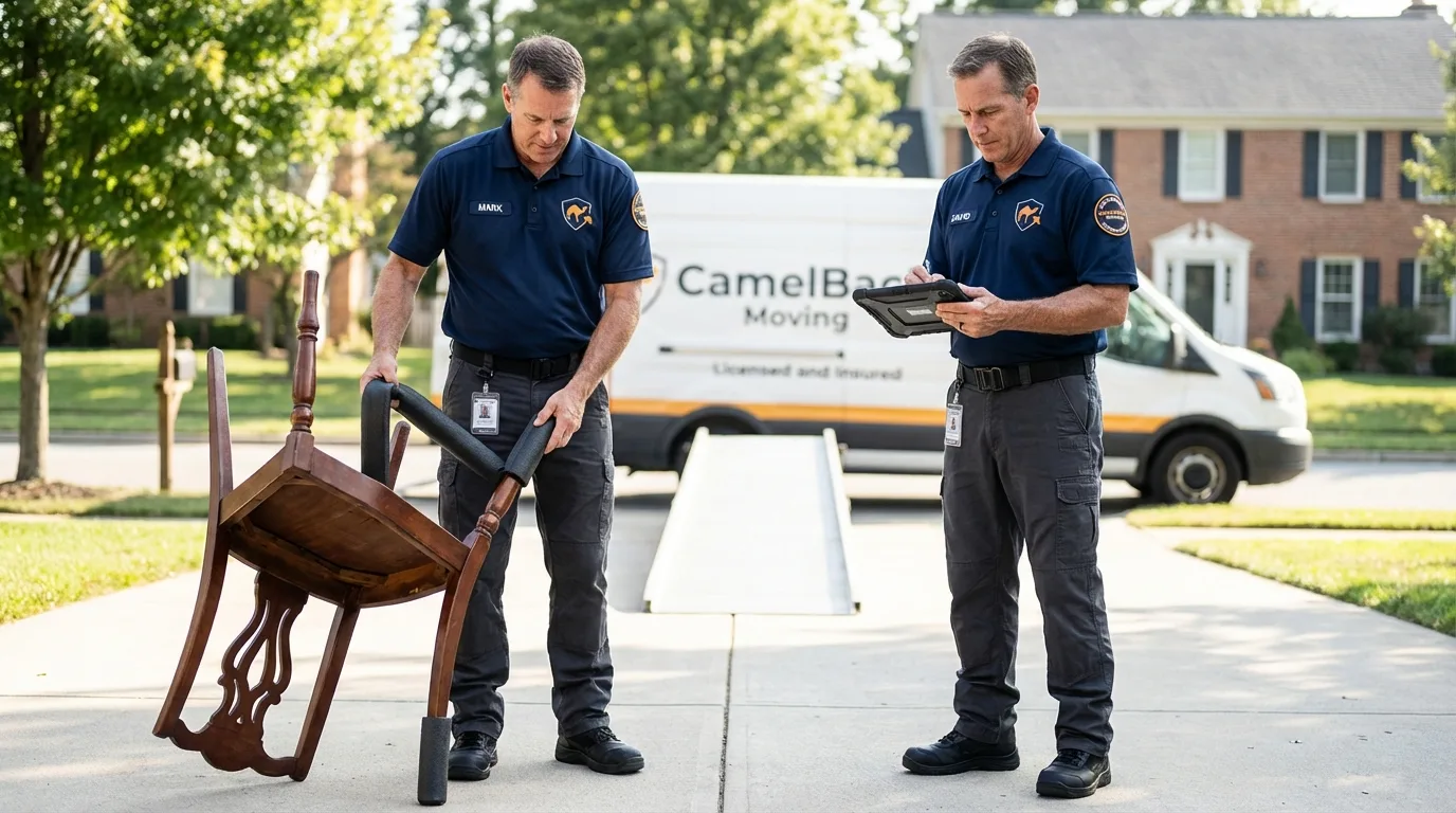 Movers inspecting furniture for damage prevention before loading in Beggs, OK